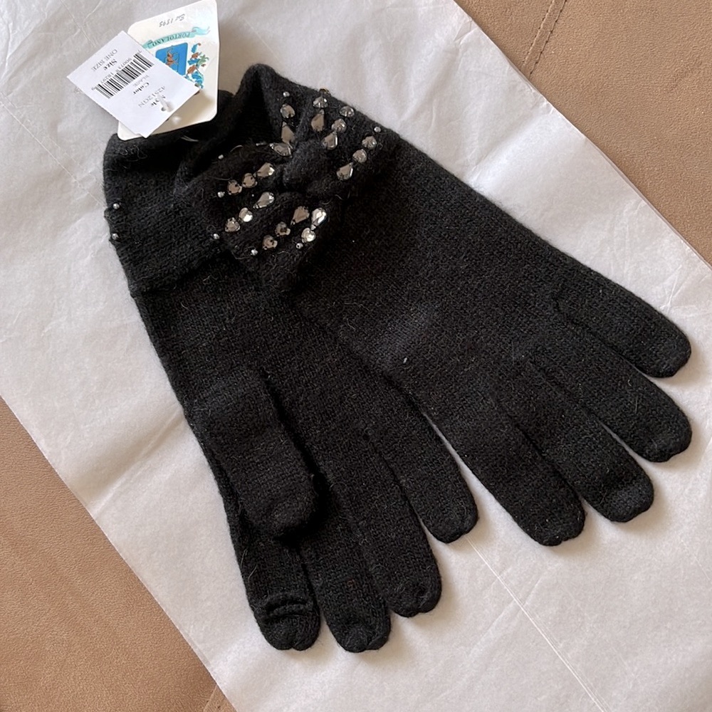 Portolano Black Knit Gloves – Rhinestone Bow Detail, One Size